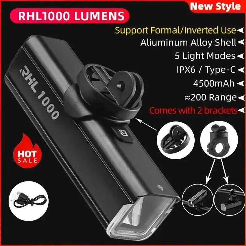 ROCKBROS RHL1000 Bike Front Light – 1000LM, IPX6, USB-C Rechargeable by Unknown Supply