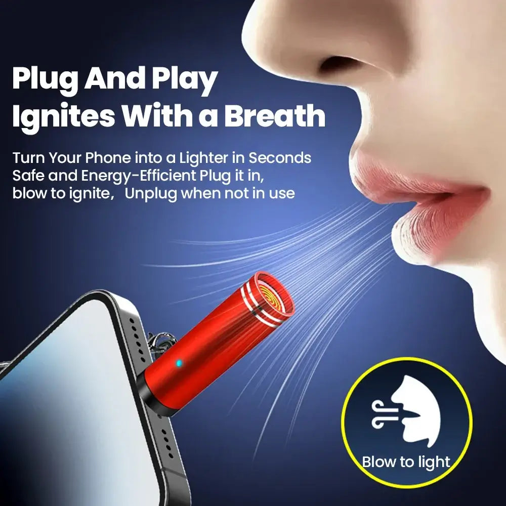 One of a kind personalized phone lighter attached to a smartphone; ignites with a breath.