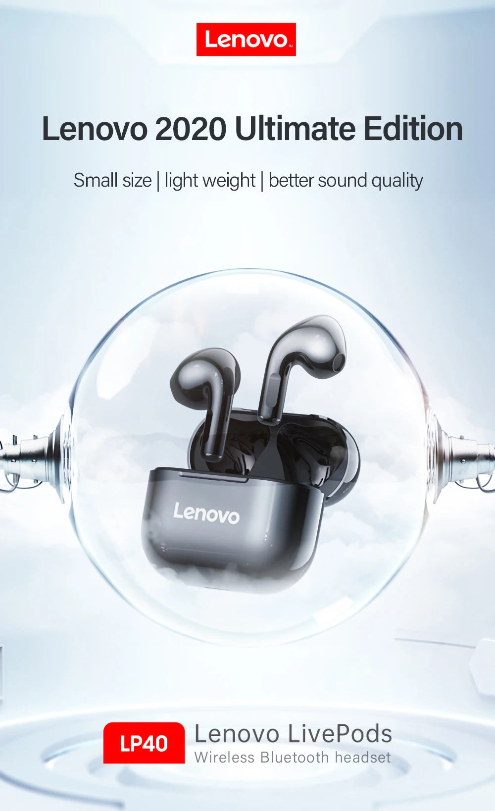 Lenovo LP40 TWS Wireless Earbuds – Bluetooth 5.0 In-Ear Headphones with Mic by Lenovo