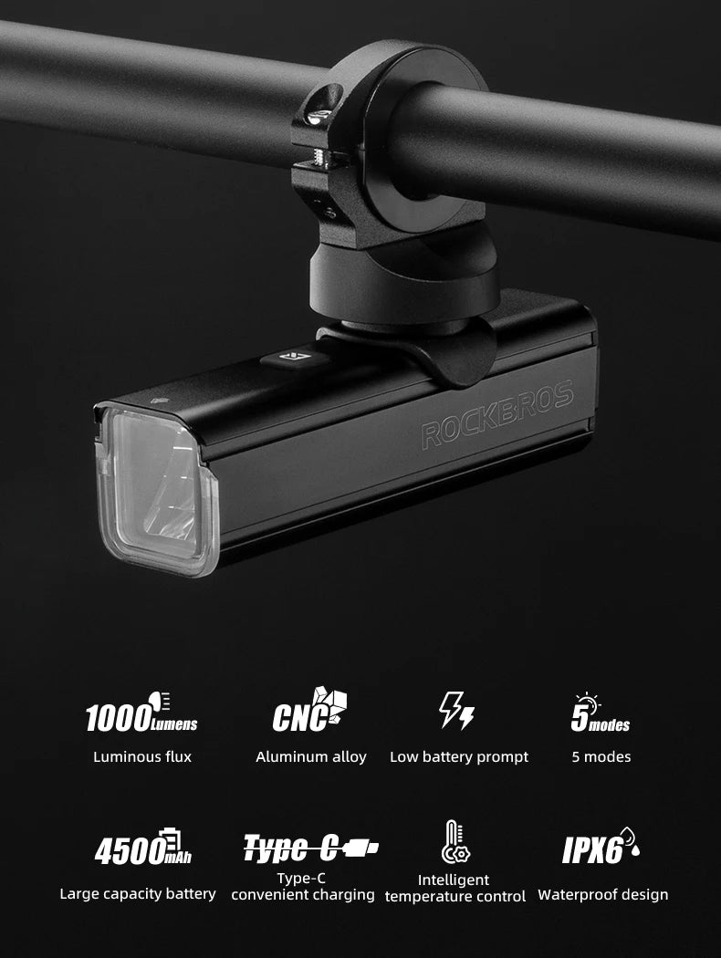 ROCKBROS RHL1000 Bike Front Light – 1000LM, IPX6, USB-C Rechargeable by Unknown Supply